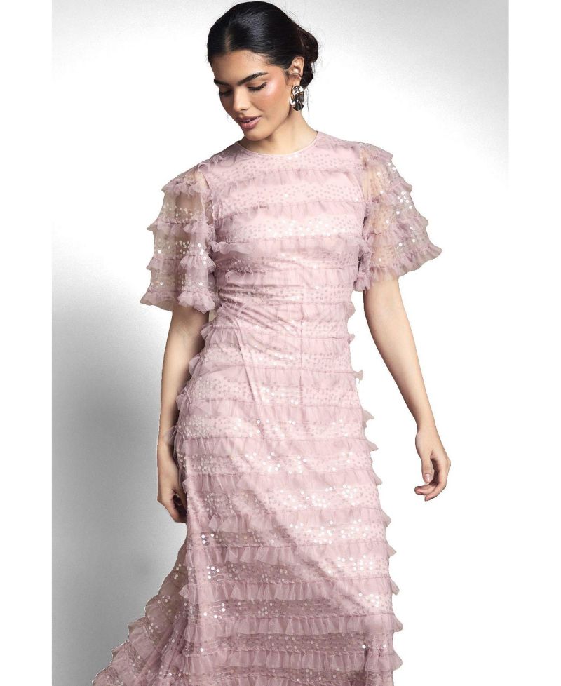 Women's Sequin Ruffle-Detail Short-Sleeve Maxi Dress