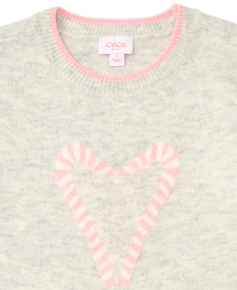 Girls' 7-16 Candy Cane Heart Long-Sleeve Crewneck Sweater
