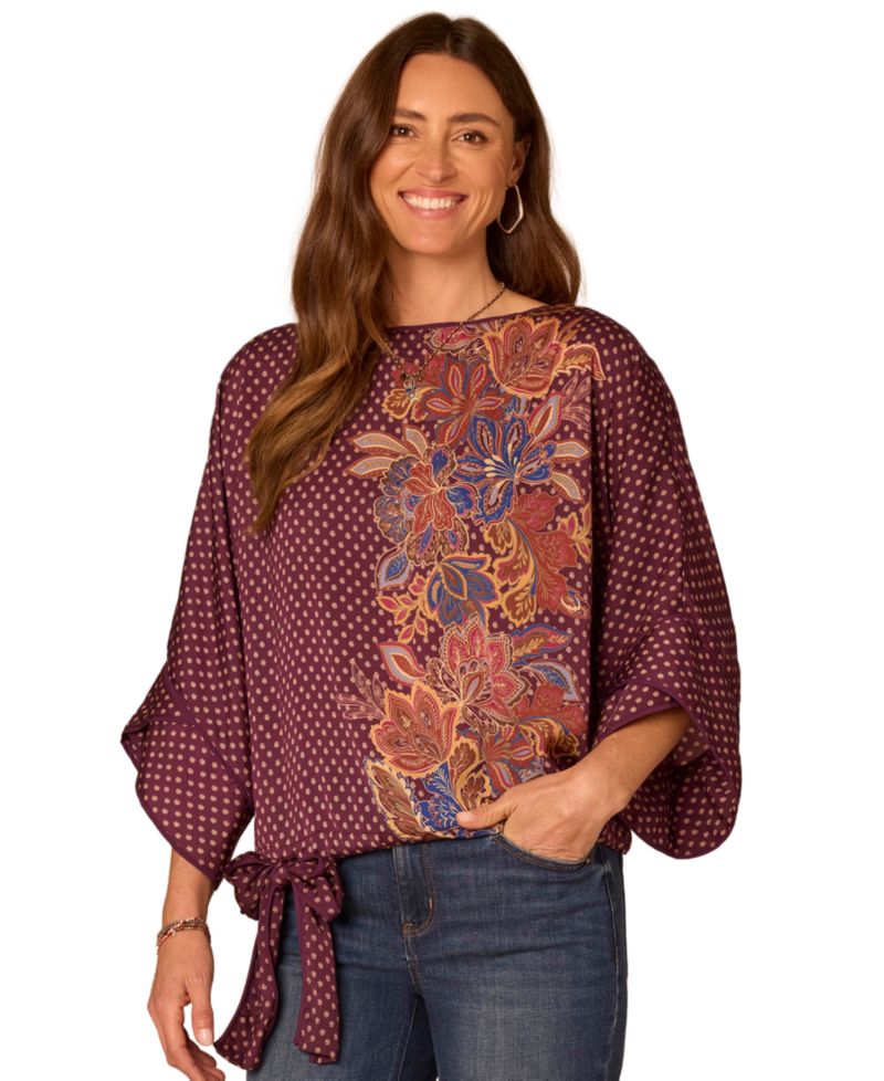 Petite 3/4 Dolman-Sleeve Boat-Neck Print Blouse