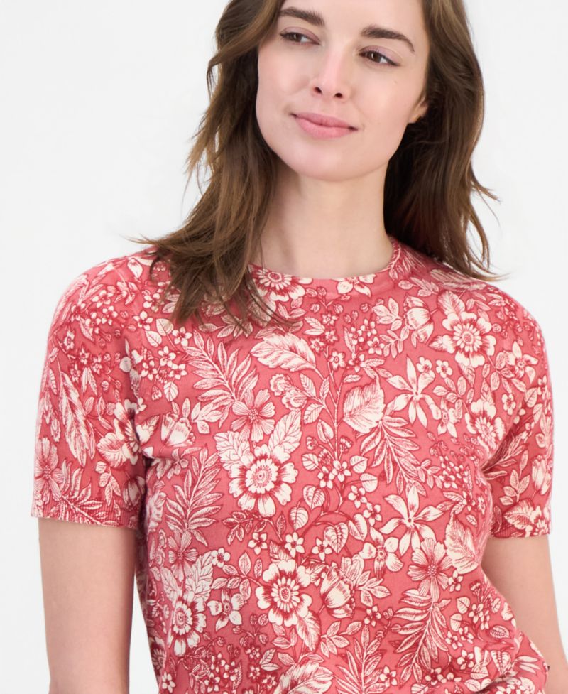 Women's Cotton Short-Sleeve Floral Sweater