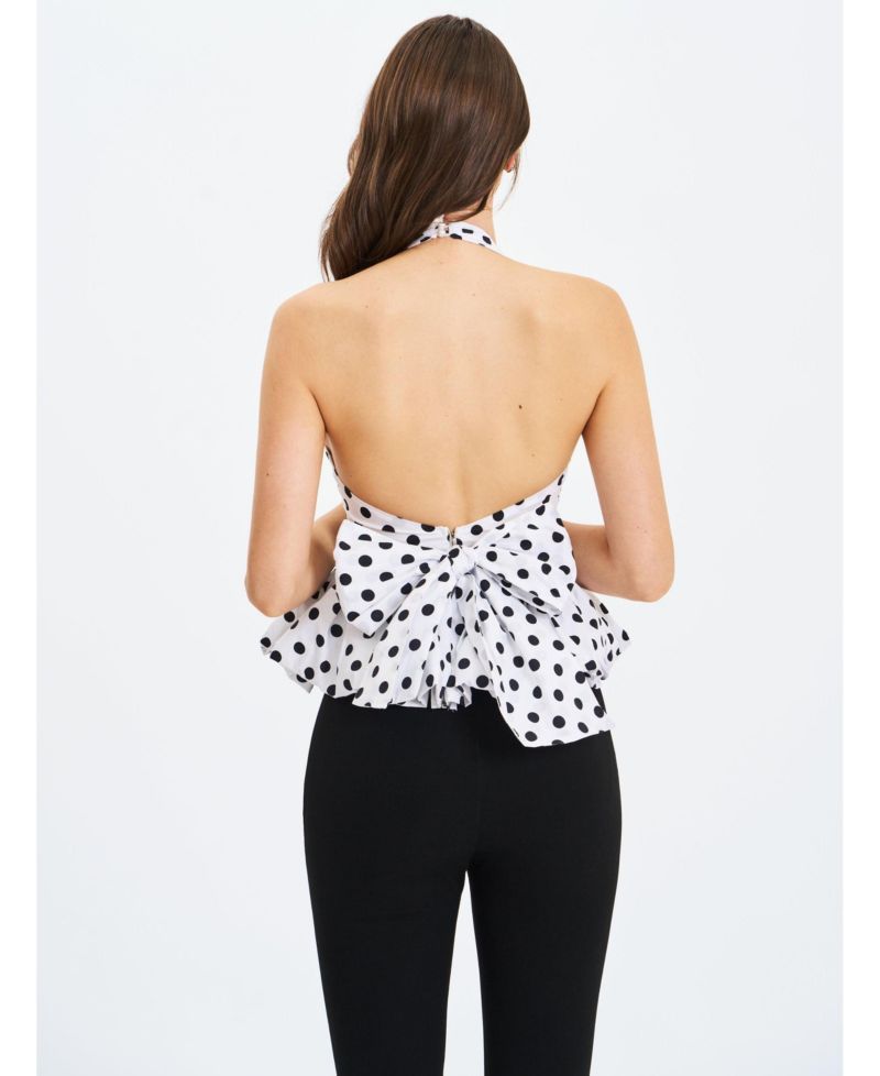 Women's Ilene White and Black Polka Dot Bubble Hem Halter Top