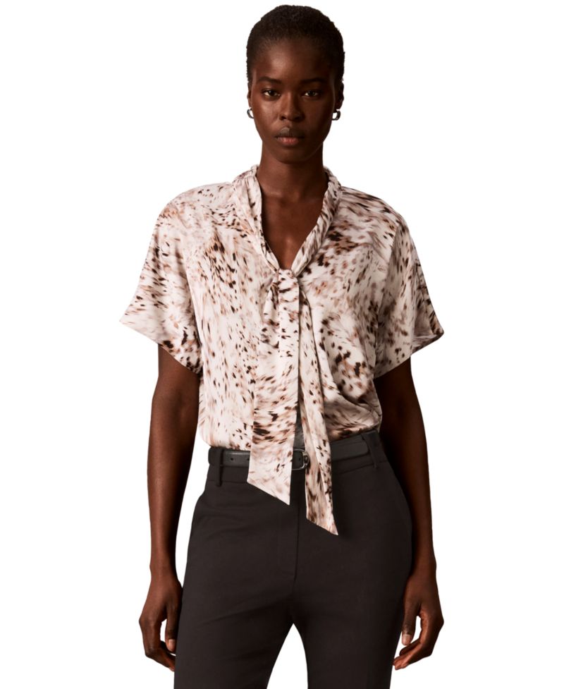 Women's Printed Flat Satin Tie-Neck Blouse