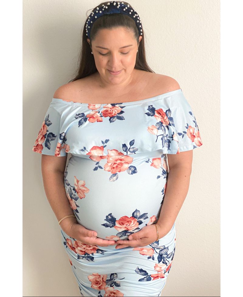 Women's Light Blue Rose Print Ruffle Fitted Dress