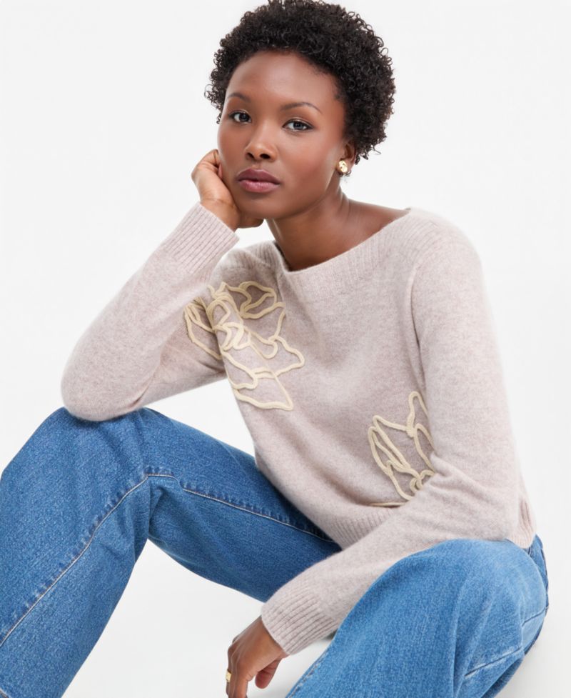 Petite Bold Floral Embroidery Cashmere Sweater