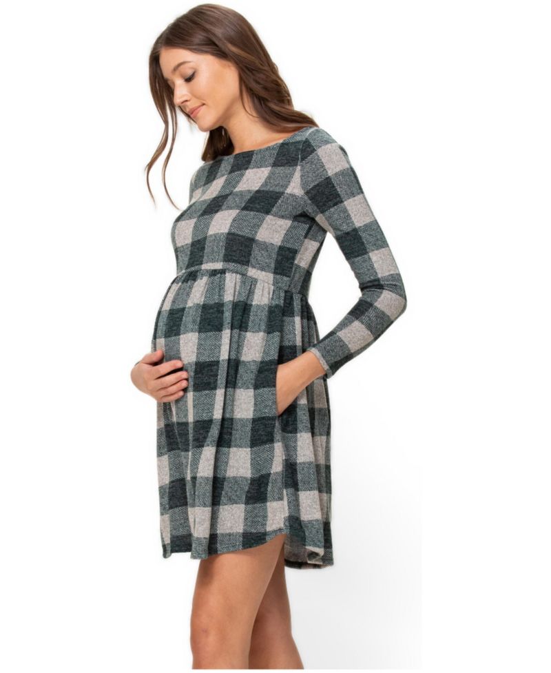 Women's Empire Waist Long Sleeve Plaid Dress