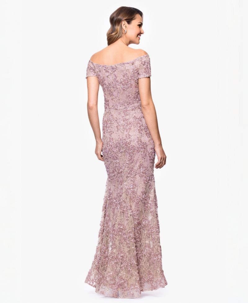 Petite Off-The-Shoulder Soutache Lace Gown