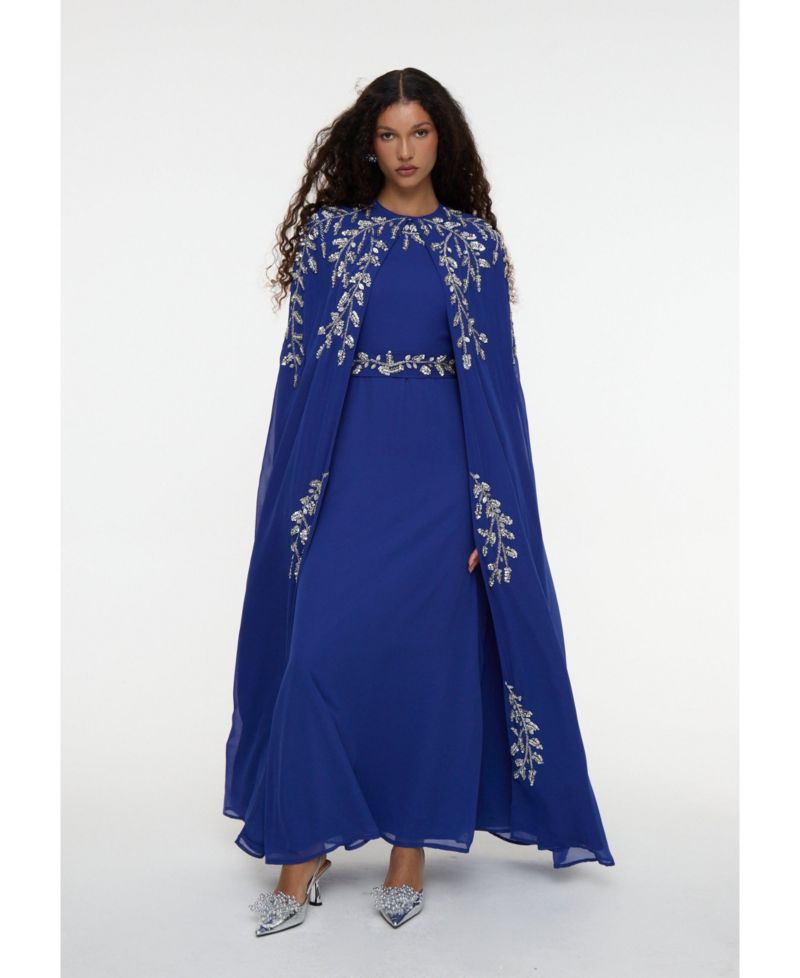 Women's Modest Embellished Sequin Beaded Cape Dress Maxi