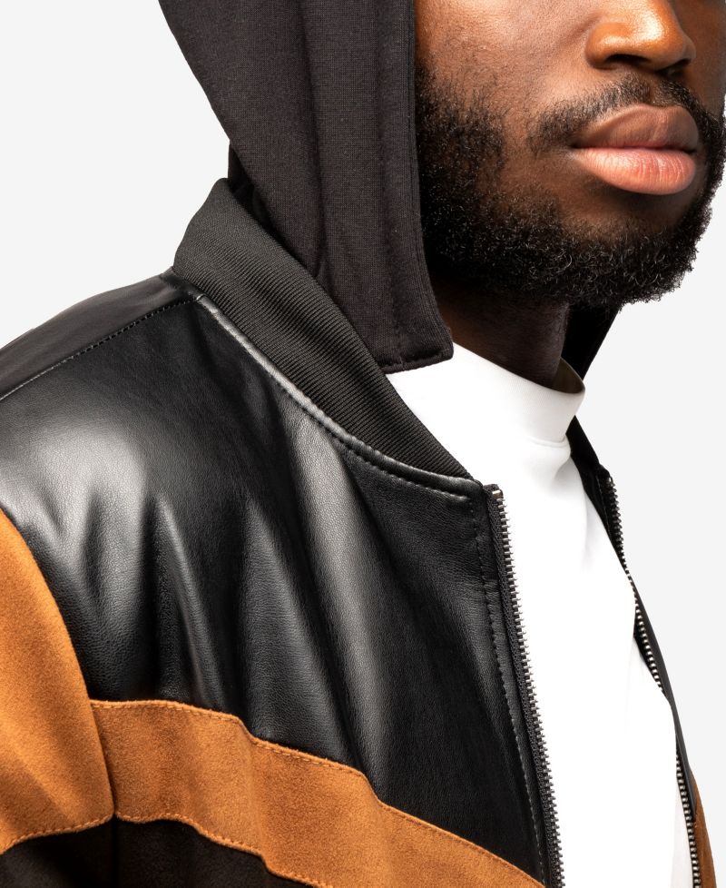 XRAY Men's Shiny PU Hooded Jacket With Faux Suede Detailing And Faux Shearling Lining