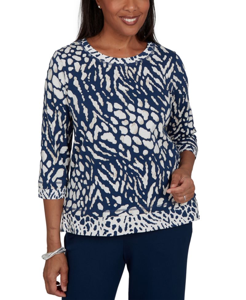 Petite Animal-Print Cotton-Blend 3/4-Sleeve T-Shirt