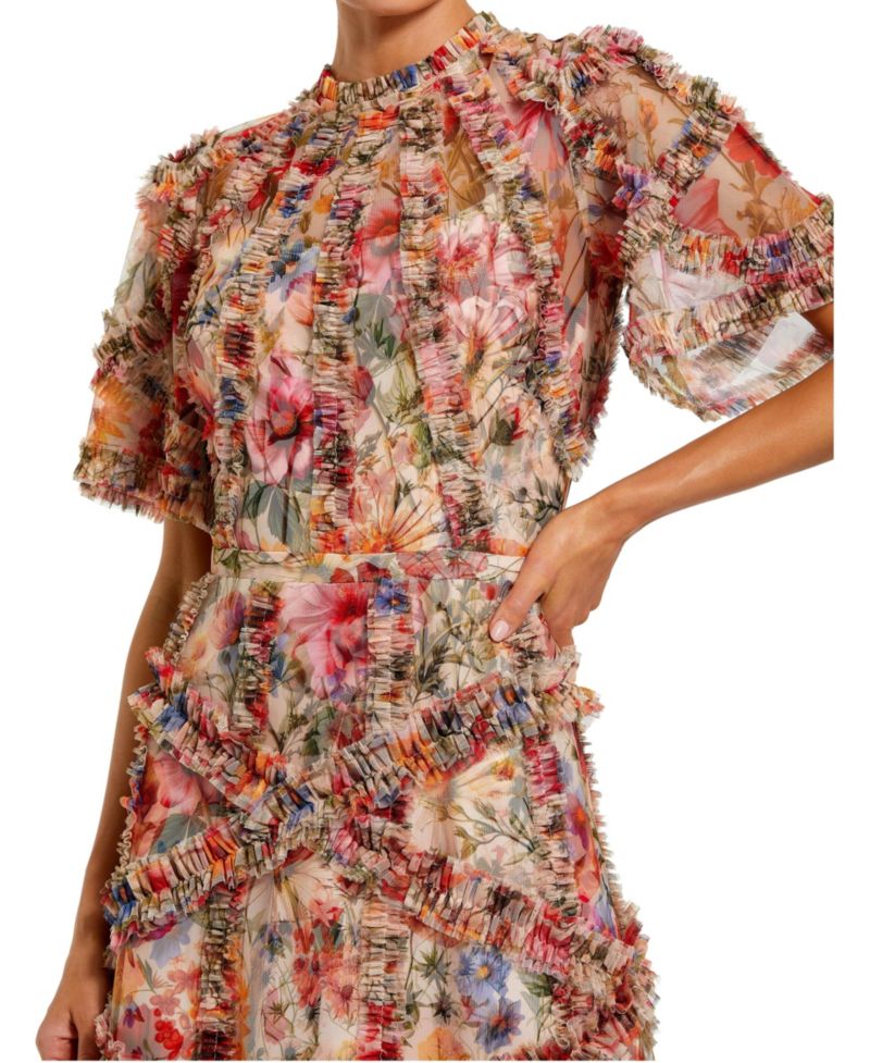 Women's Floral Flutter Sleeve Mesh Print Dress