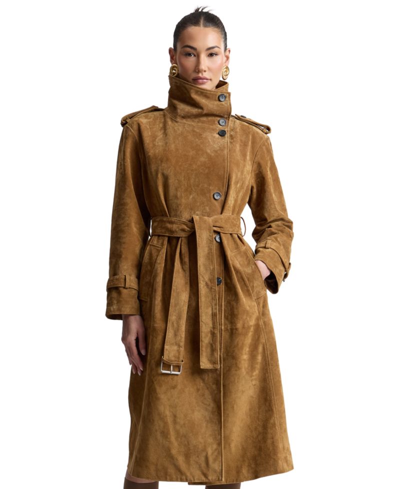 Women's Funnel-Neck Suede Oversized Trench Coat