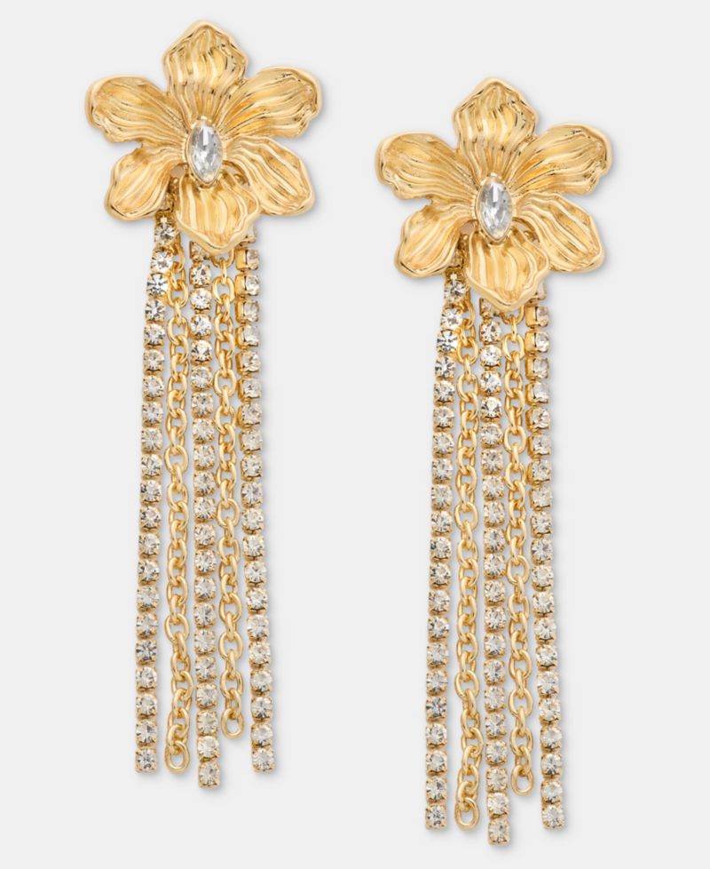 Crystal Flower & Fringe Linear Drop Earrings
