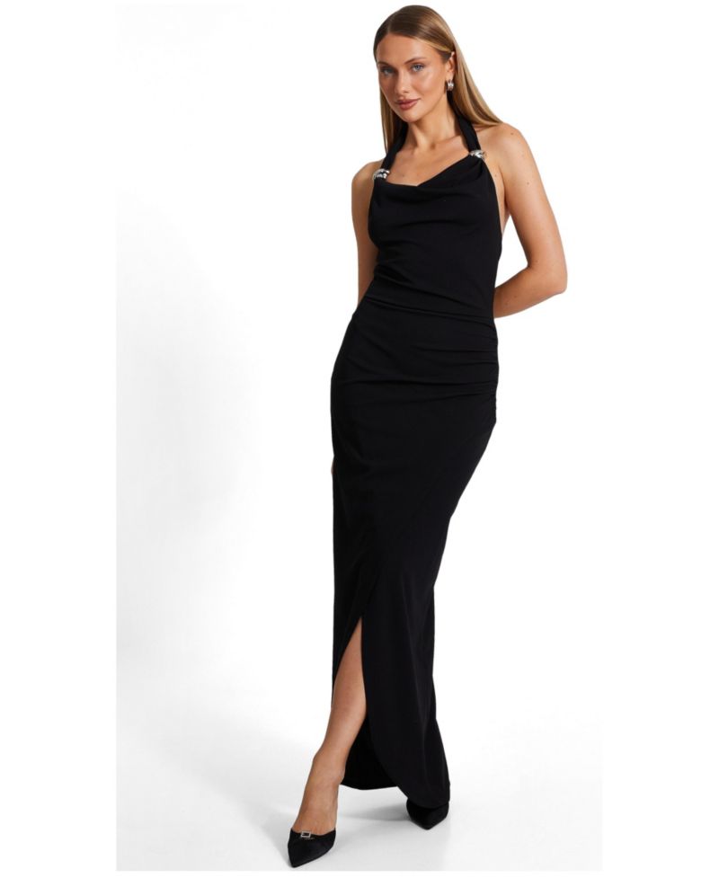 Women's Scuba Crepe Halter Neck Buckle Maxi Dress