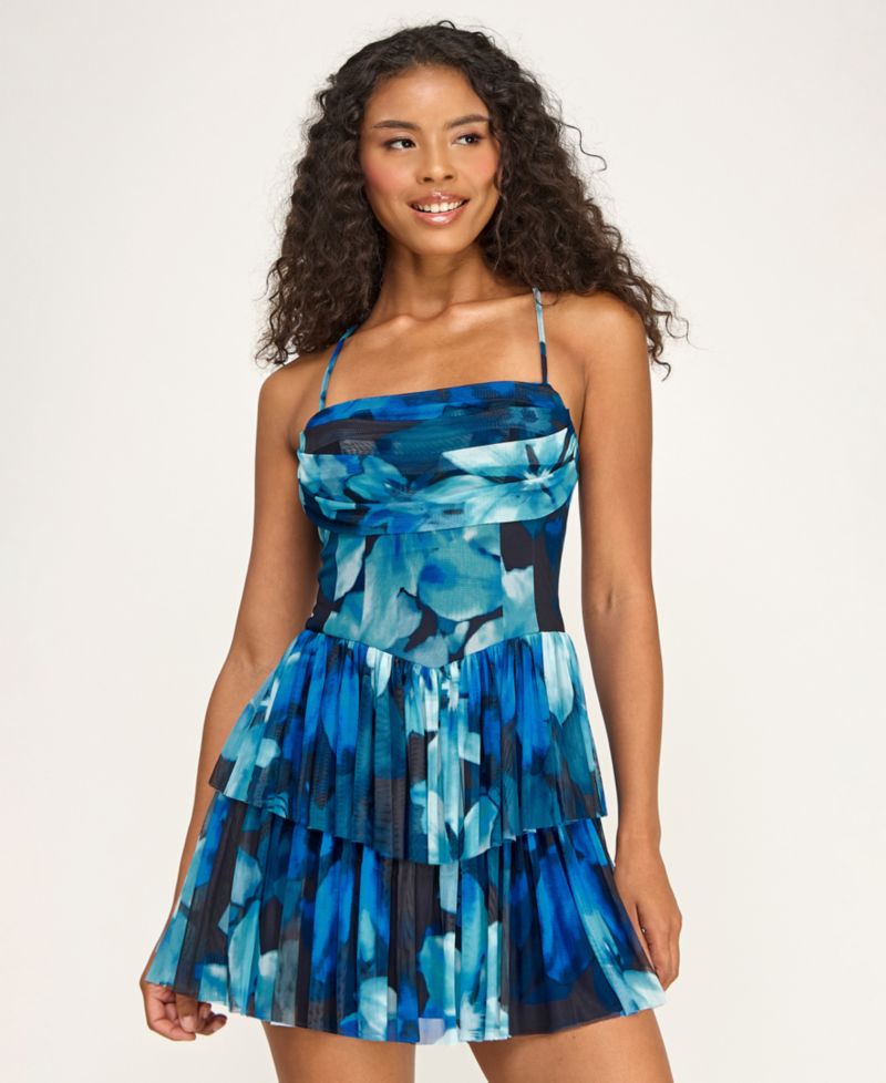 Juniors' Printed Mesh Straight Neck Tiered Mini Dress