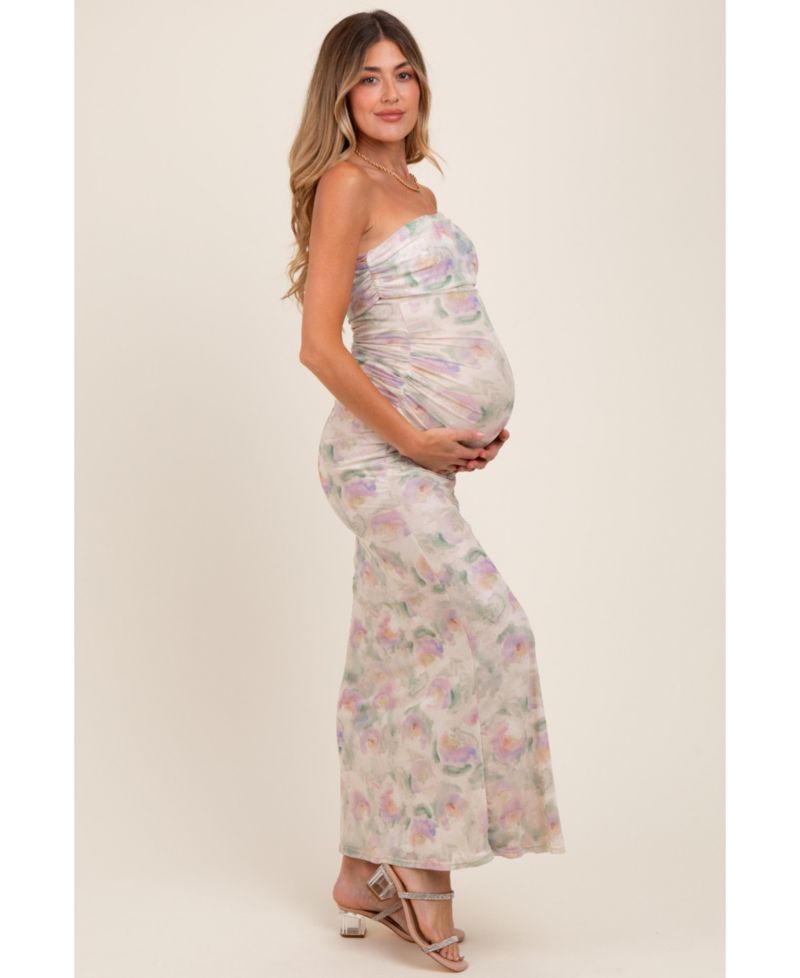Women's Light Pink Floral One Shoulder Ruched Maxi Dress