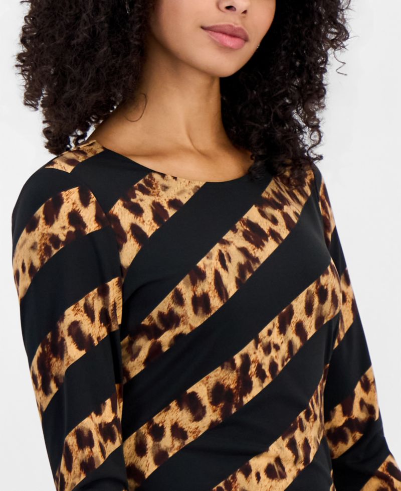 Women's Leopard-Print Long-Sleeve Midi Dress