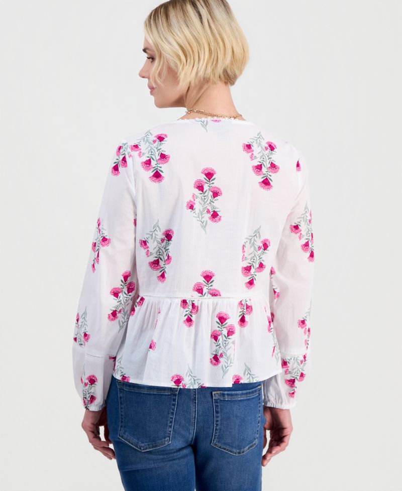 Petite Cotton Floral-Embroidered Peplum Top