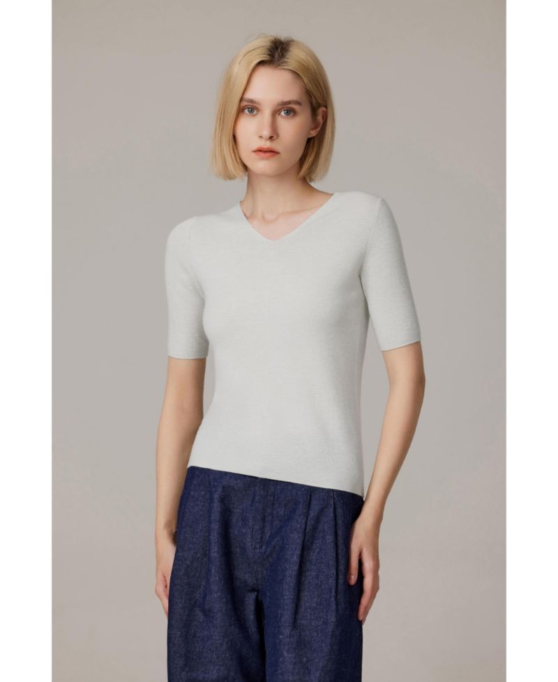 Women's Merino Wool Lurex Sweater | Shimmer Fine gauge V-Neck Short Sleeve Top | Machine Washable Pullover