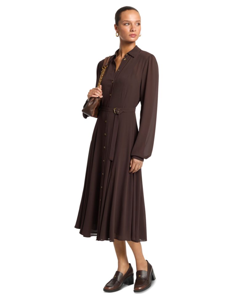 Women's Long-Sleeve Midi Fit-and-Flare Shirt Dress