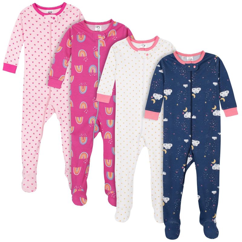 Baby Girls 4-Pack Snug Fit Footed Cotton Pajamas, Unicorns and Cats, 24 Months