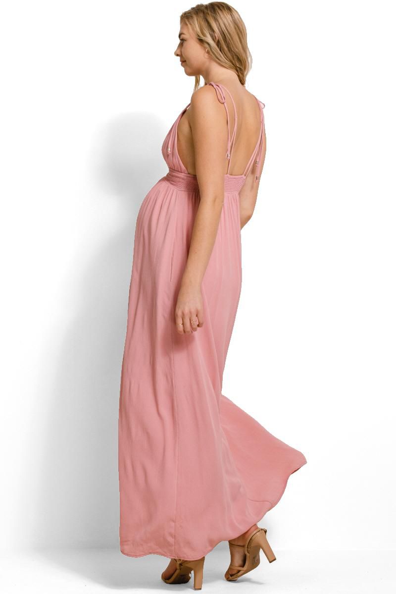 Women's V-Neck Tie Strap Empire Waist Maxi Dress with Pockets