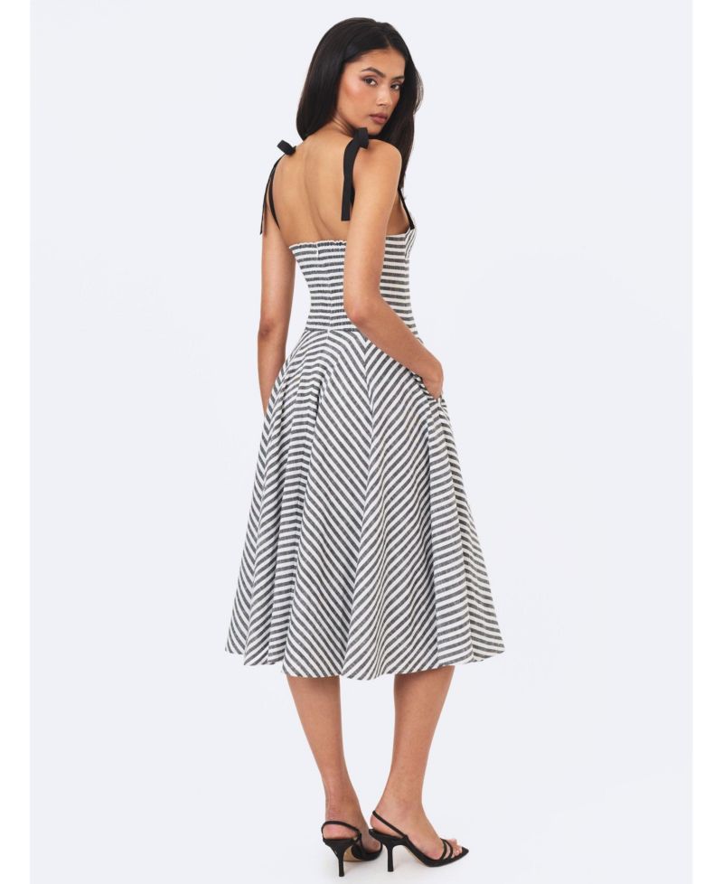 Women's Riley Striped A-Line V-Neck Cotton-Linen Blend Midi Dress