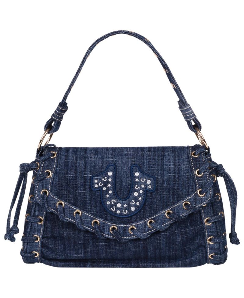 Studded Horseshoe Eyelet Denim Flap Bag