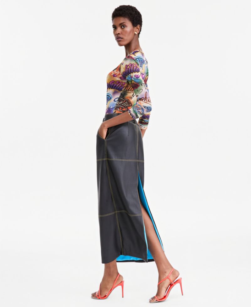 Women's High-Slit Faux-Leather Maxi Skirt