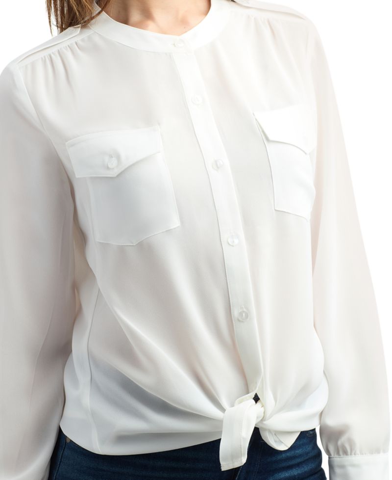 Juniors' Tie Front Long Sleeve Dobby Blouse