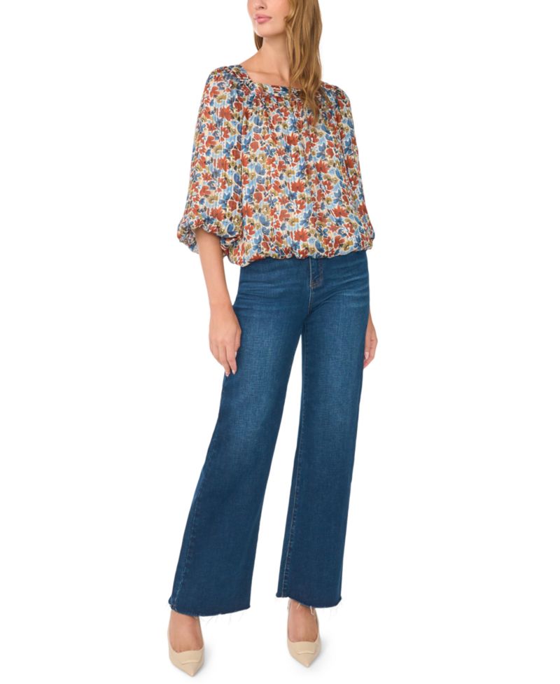 Women's Floral Square Neck 3/4-Sleeve Blouse