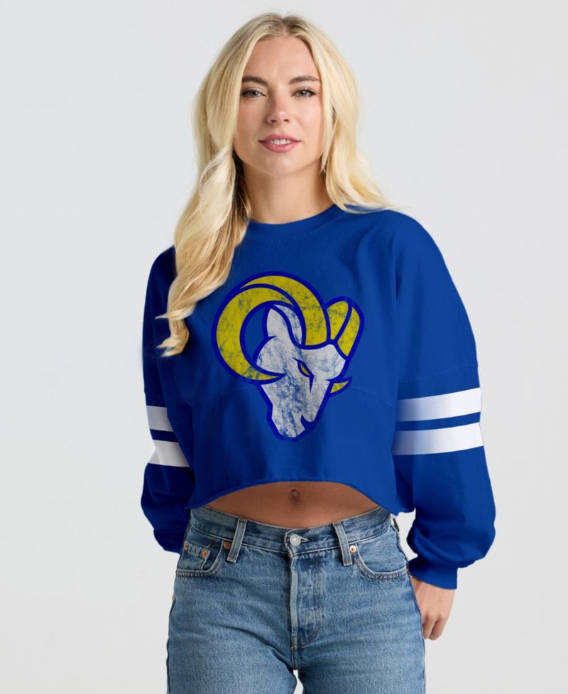 Women's Royal Los Angeles Rams Oversized Cropped Stripe Long Sleeve T-Shirt