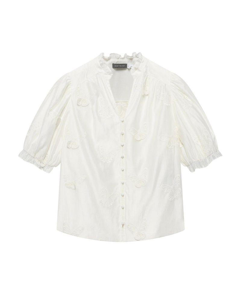 Women's Short-Puff-Sleeve V-Neck Applique Butterfly Blouse