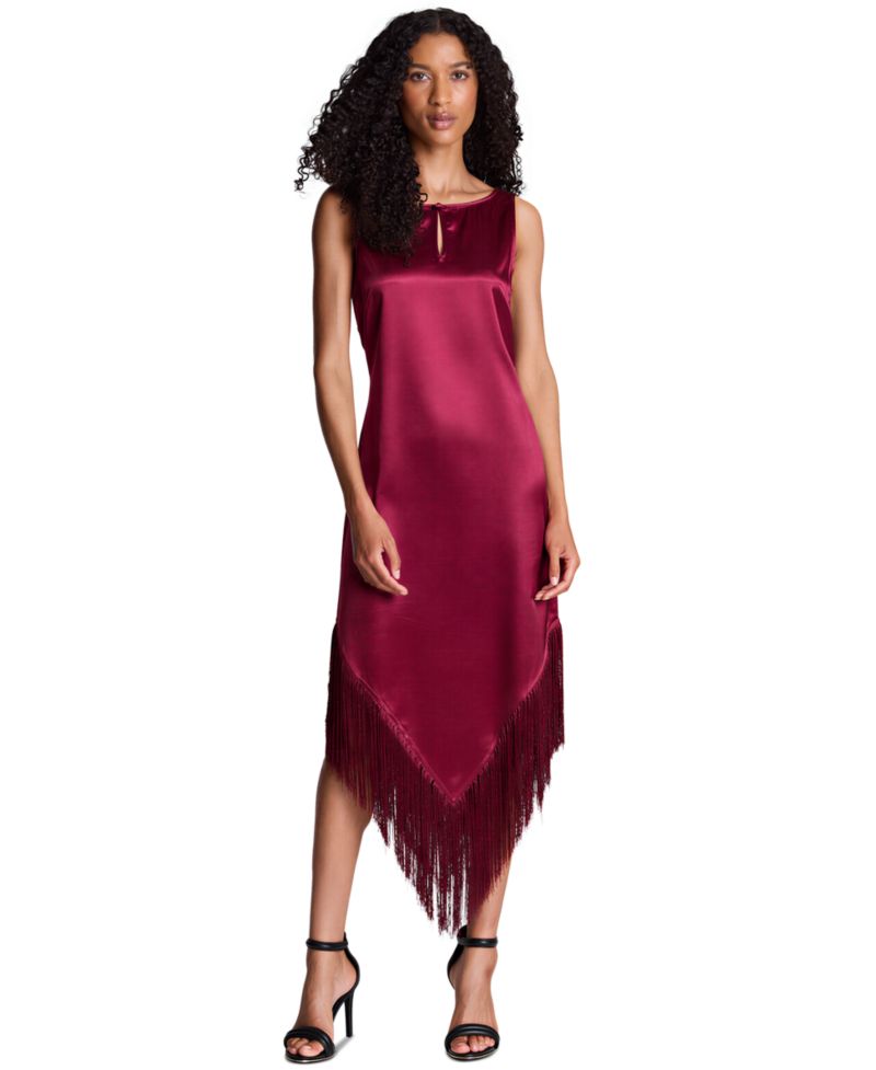 Women's Satin Fringed-Hem Midi Dress