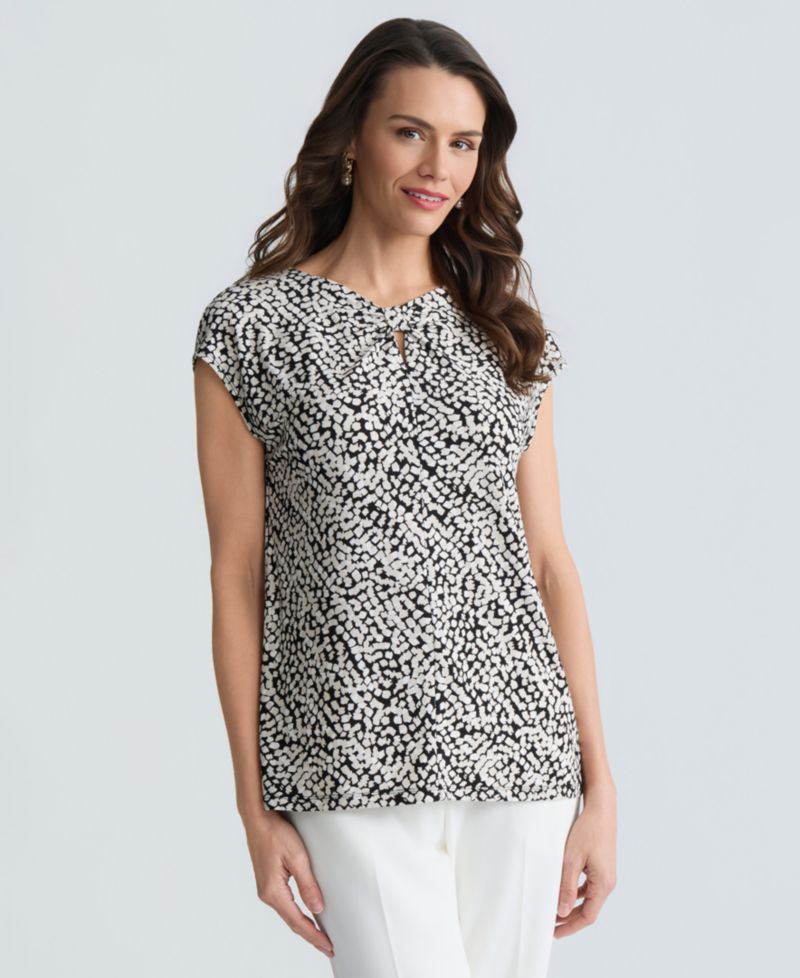 Women's Cap-Sleeve Printed Jersey Knot Neck Top