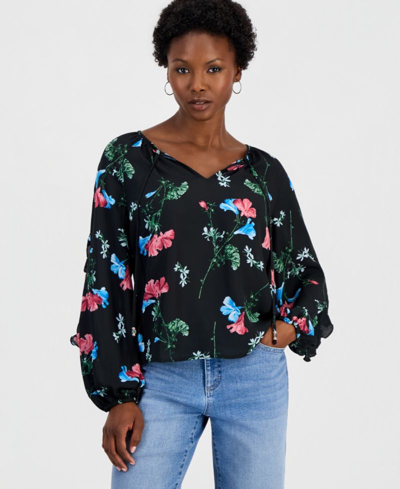 Women's Petite Ruffle Floral-Print Long-Sleeve Blouse