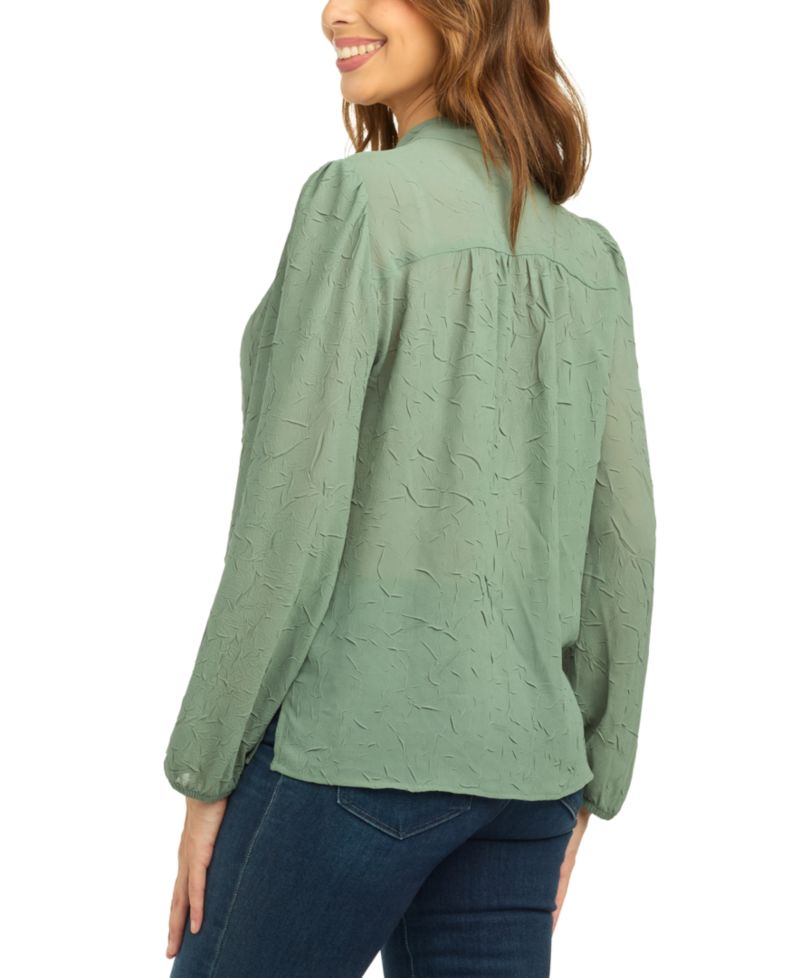 Juniors' Crinkle Button-Front V-Neck Long-Sleeve Blouse