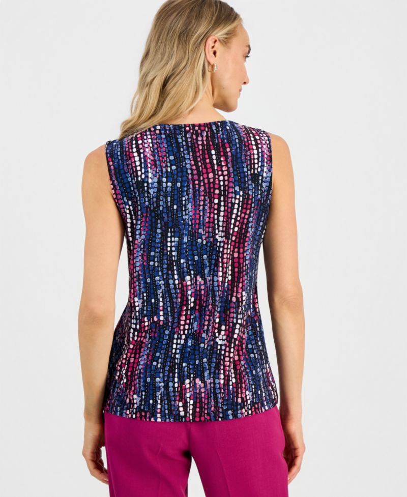 Petite Printed Pleat-Neck Sleeveless Top