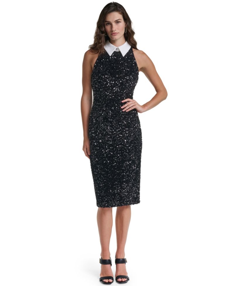 Women's Sequin Velvet Contrast Collar Midi Dress