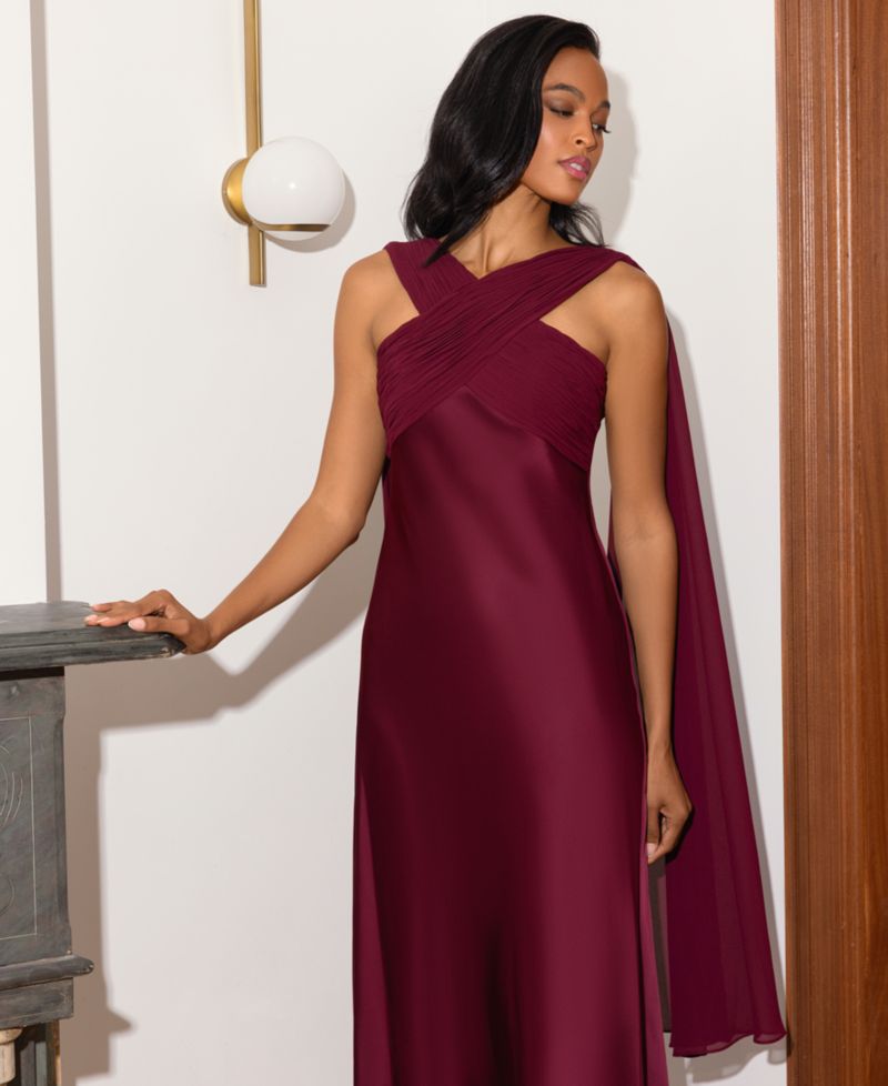 Petite Criss Cross Halter Neck Chiffon Cape Ball Gown