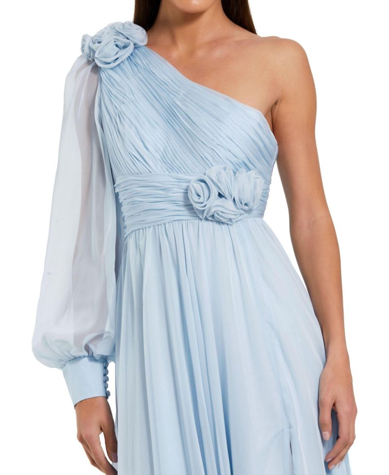 Women's One Sleeve Chiffon Gown With 3D Flowers
