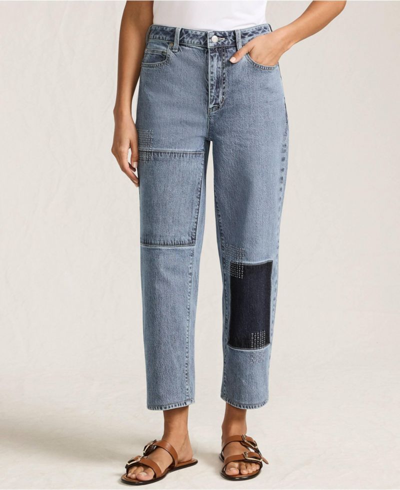 Women's Soft Denim Mid Rise Relaxed Straight Crop Patchwork Jeans