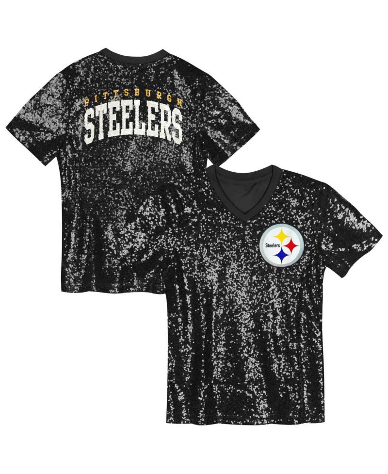 Big Girls Black Pittsburgh Steelers Wordmark Sequin V-Neck Top
