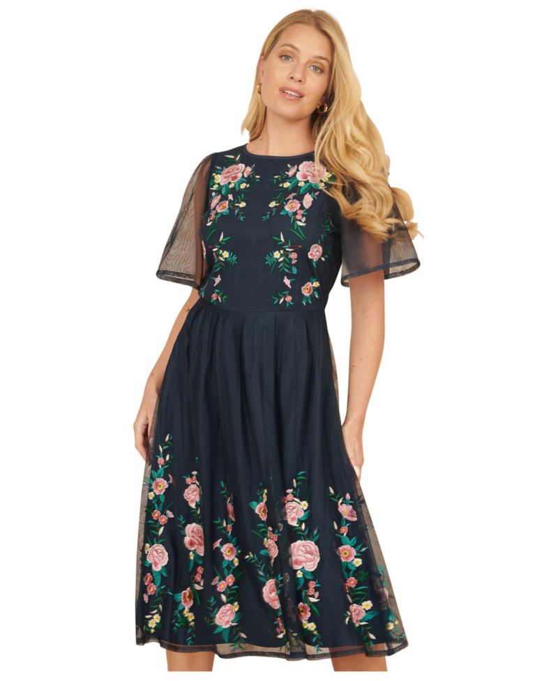 Women's Embroidered Mesh Sleeve Prom Dress