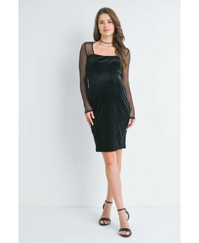 Women's Sheer Long Sleeve Square Neck Veltvet Dress