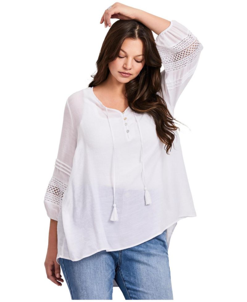 Women's Plus Size Pintuck Lace Peasant Top