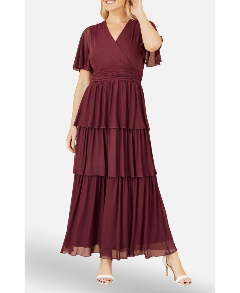 Women's Mesh V-Neck Tiered Maxi Dress