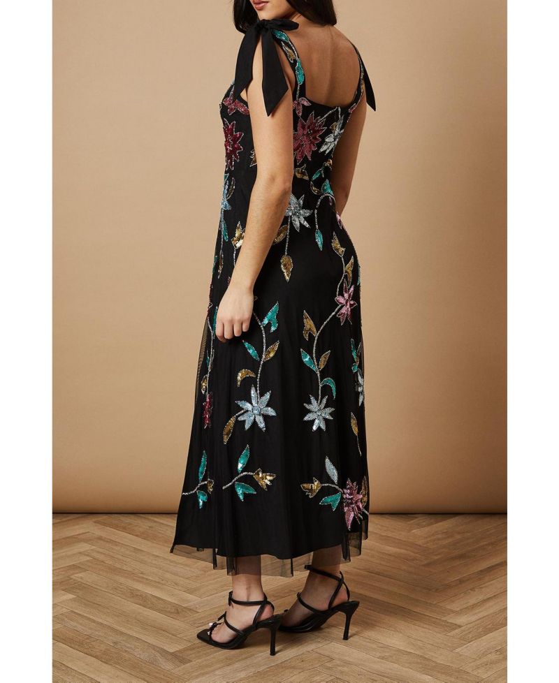 Women's Floral Embellished Split Midi Dress