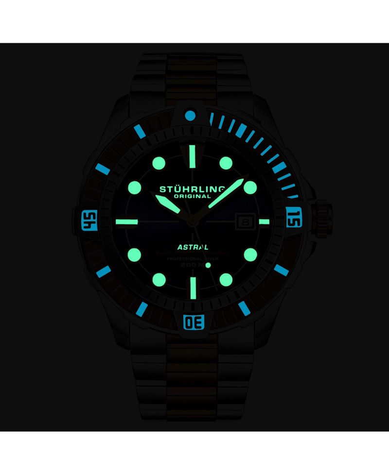 Men s Astral Diver 44mm Swiss Automatic Watch, Blue Dial, Two-Tone Rose Stainless Steel Bracelet, 200M Water Resistant