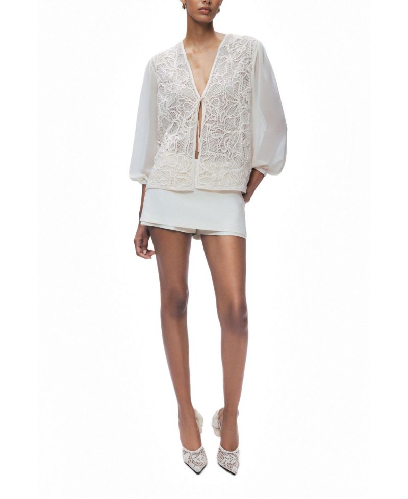 Women's Floral-Lace V-Neck Sheer Sleeve Jacket