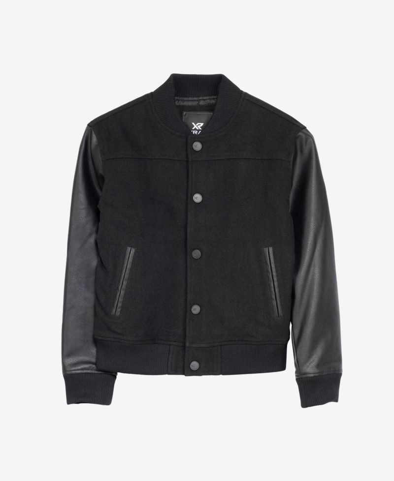 Boys Wool Varsity Bomber Jacket With Grainy PU Sleevees Jackets